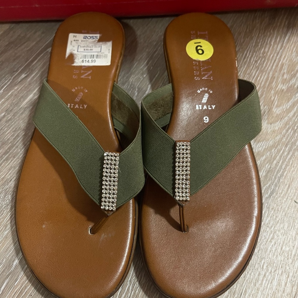 Italian Shoemakers Olive Green Elastic Thong Sandals with Rhinestone Accent